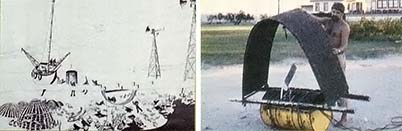 
LEFT: Artist's conception of the mineral accretion process used near shore to create beach houses. RIGHT: Hilbertz inspects an arch created underwater. 
